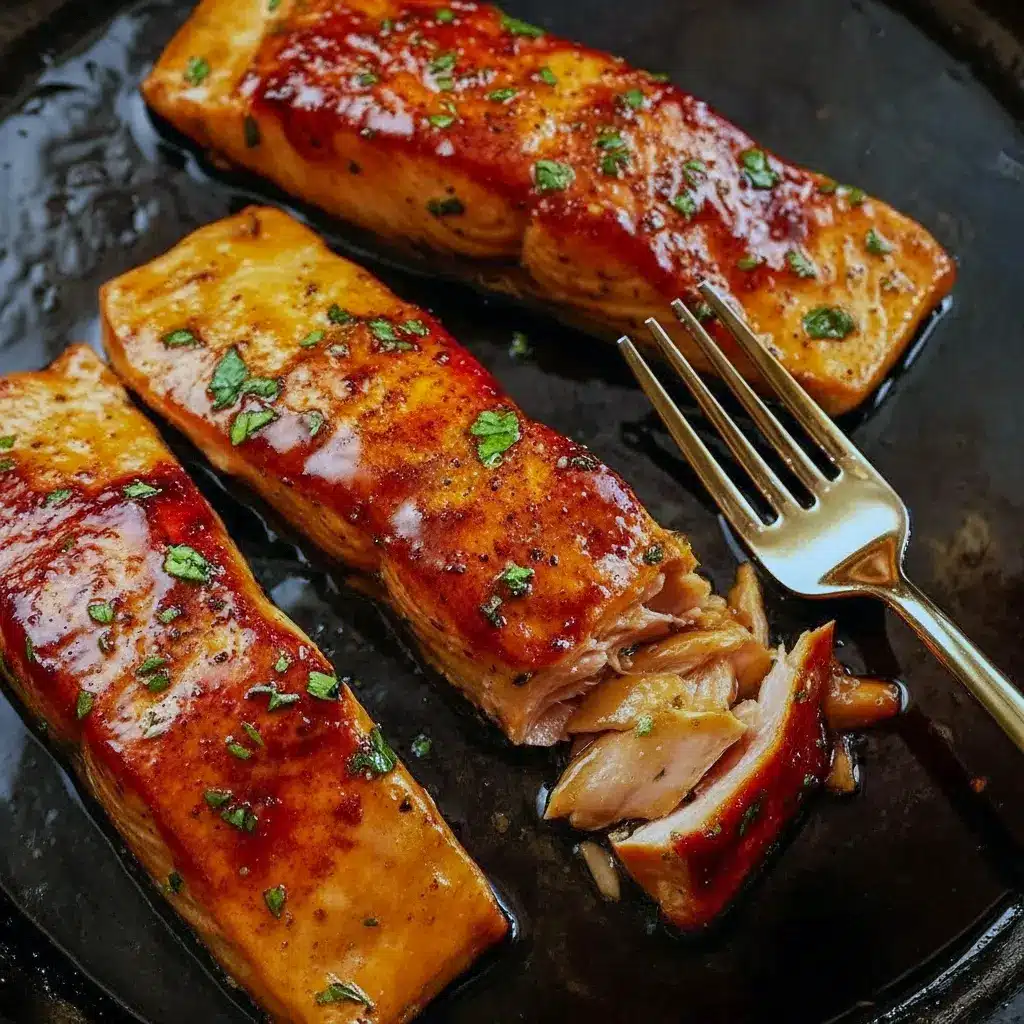 Glazed brown sugar salmon fillet with caramelized sauce, served with rice and steamed greens.