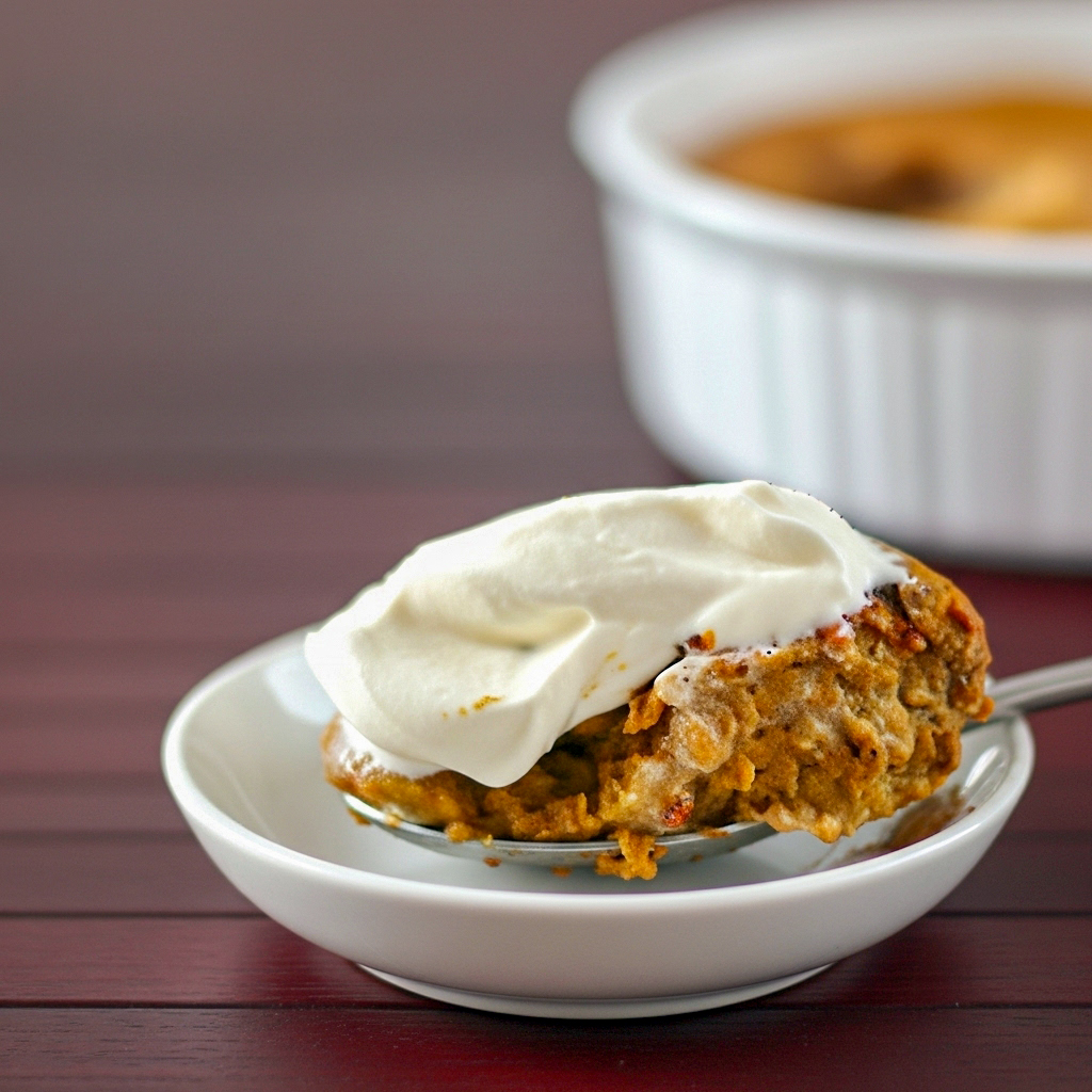 Casserole dish of baked pumpkin spice pudding with a golden top, a generous swirl of whipped cream and a dusting of cinnamon, ready to be scooped and served.