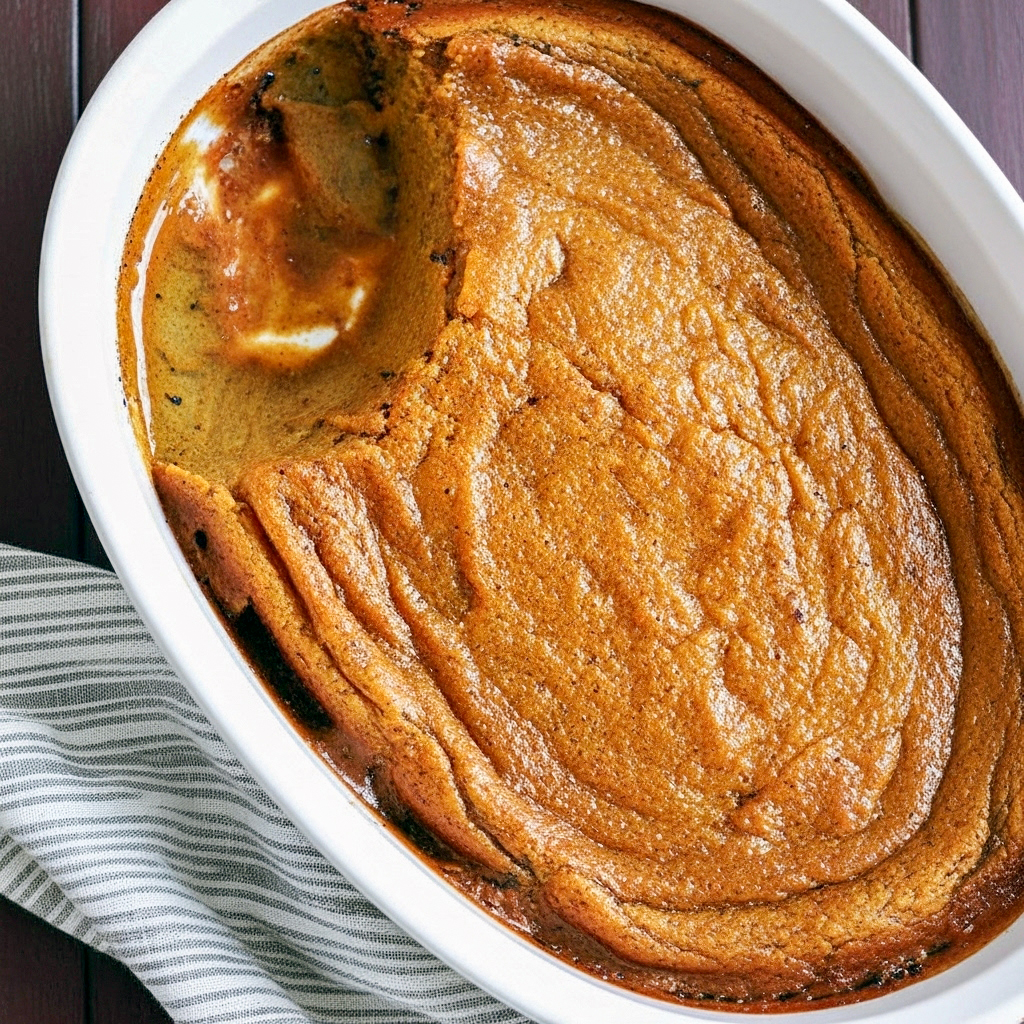 Casserole dish of baked pumpkin spice pudding with a golden top, a generous swirl of whipped cream and a dusting of cinnamon, ready to be scooped and served.