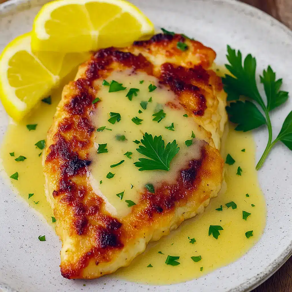 a foolproof recipes Golden-brown chicken cutlet topped with lemon-butter sauce, fresh parsley, and lemon slices, served on a white plate.