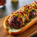 Close-up of bourbon-glazed bacon cheeseburger meatballs with oozy cheddar, garnished with chopped parsley and served with dipping sauce.