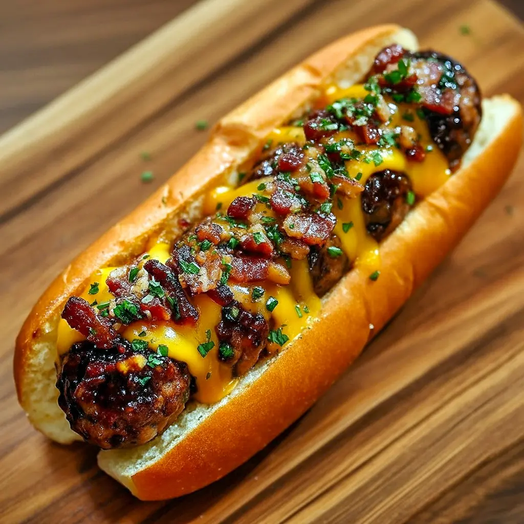 Close-up of bourbon-glazed bacon cheeseburger meatballs with oozy cheddar, garnished with chopped parsley and served with dipping sauce.