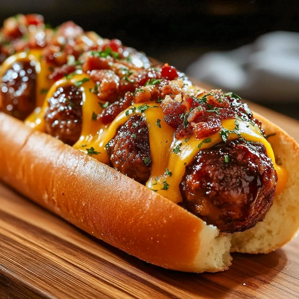 Close-up of bourbon-glazed bacon cheeseburger meatballs with oozy cheddar, garnished with chopped parsley and served with dipping sauce.