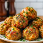 Golden-brown Cream Cheese Sausage Balls on a tray, baked to perfection with cheddar and Rotel — the ultimate Sausage Balls for Football Food, parties, and Yummy Appetizers that rank among the Best Appetizer Recipes.