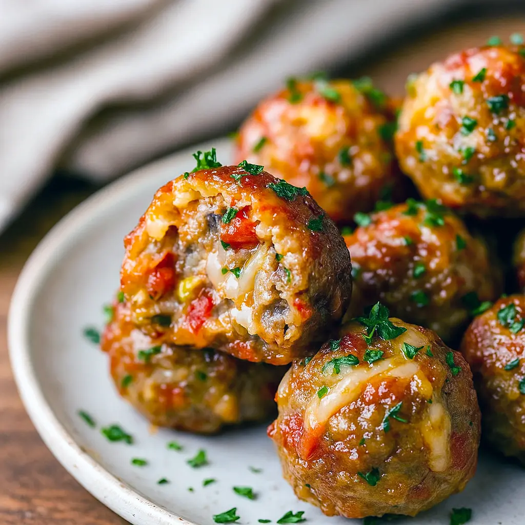 Golden-brown Cream Cheese Sausage Balls on a tray, baked to perfection with cheddar and Rotel — the ultimate Sausage Balls for Football Food, parties, and Yummy Appetizers that rank among the Best Appetizer Recipes.