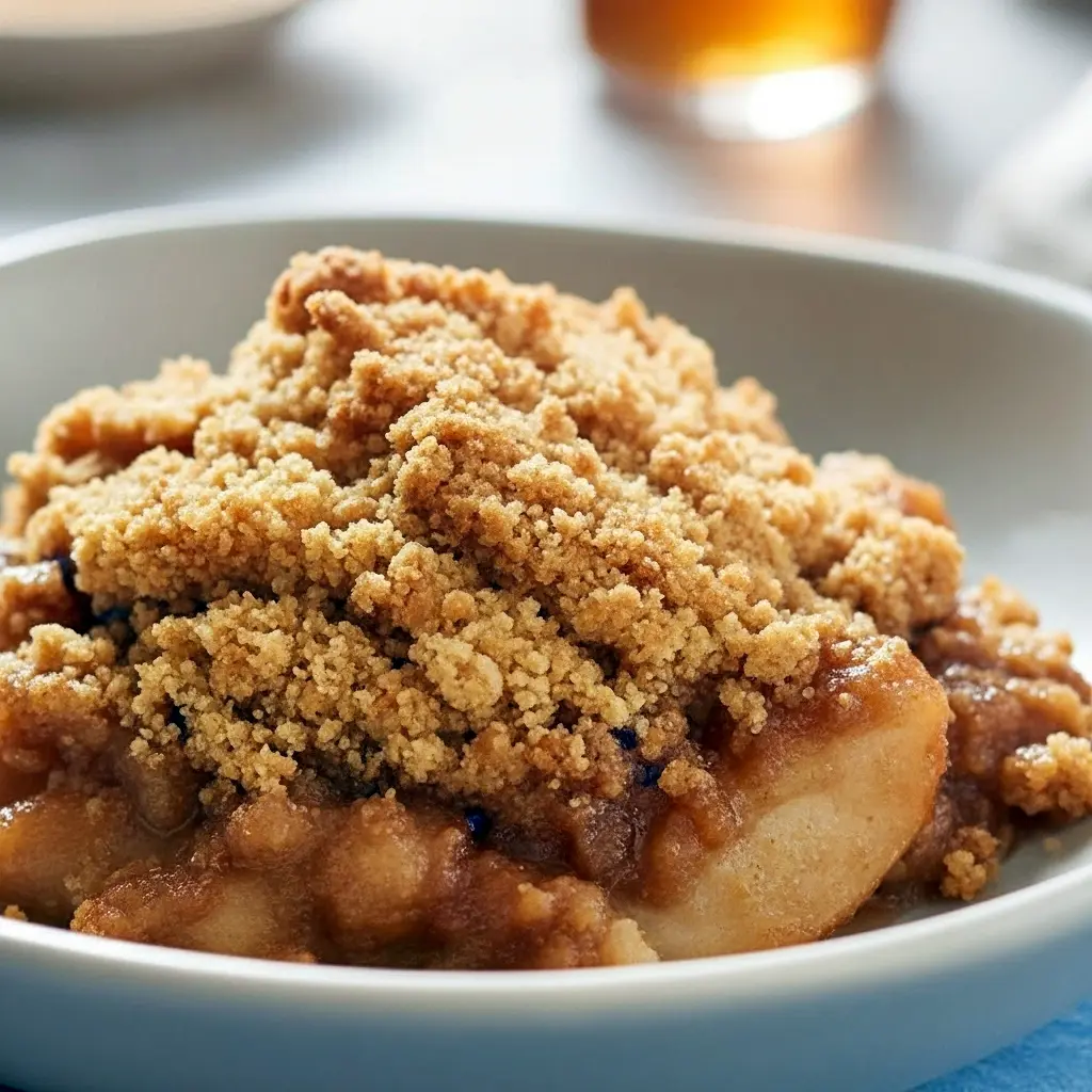 Close-up of a warm Biscoff Apple Crumble topped with golden Biscoff Cookie Crumbs, baked to perfection for a cozy Crumble Recipe dessert.