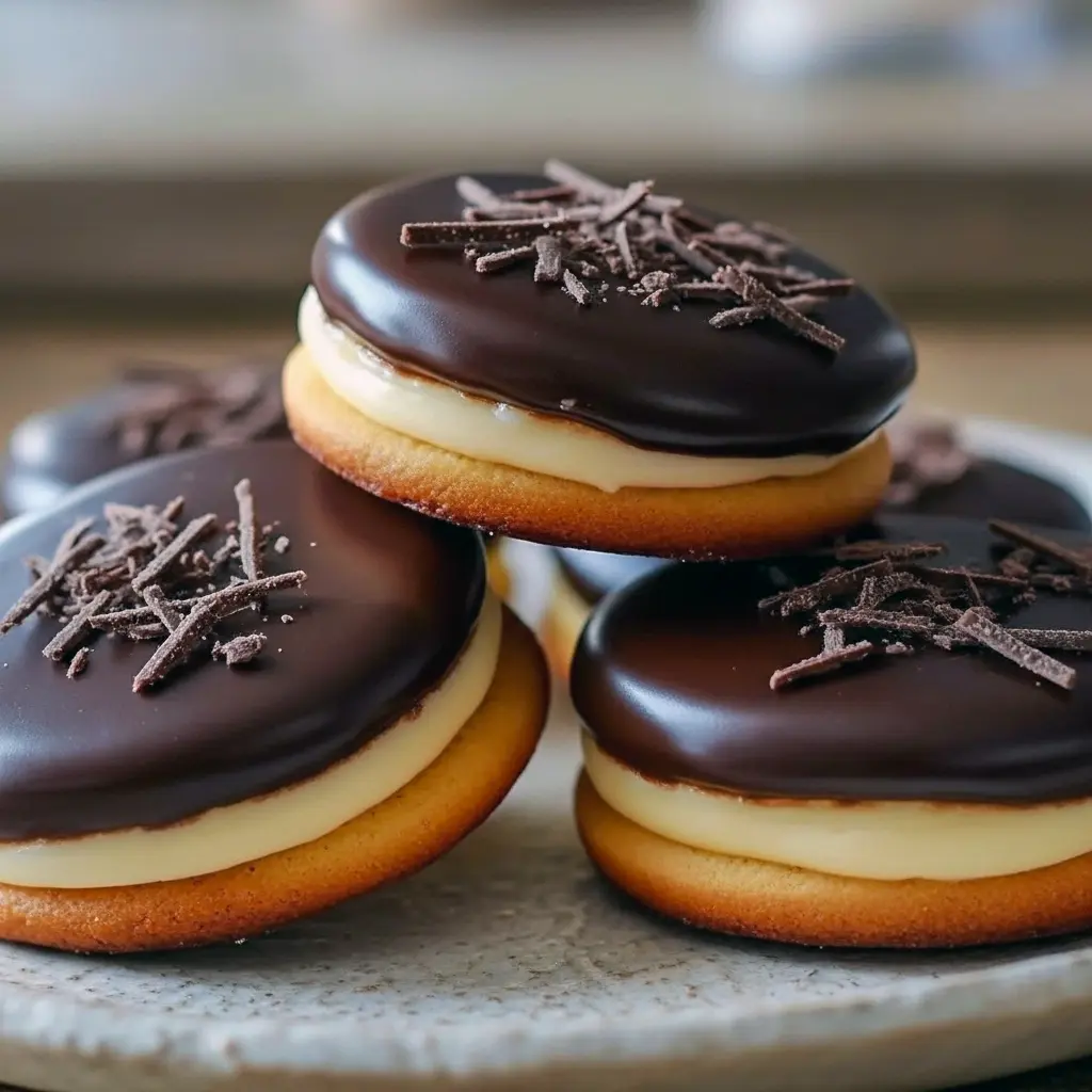 Two round sandwich cookies filled with silky cream and topped with a glossy chocolate glaze, arranged on a serving plate, Boston Cream Pie Cookies.