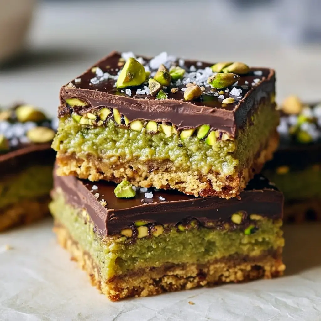 Square pistachio cookie bars with a golden-brown top, studded with melty chocolate chips and sprinkled with chopped pistachios, arranged on parchment paper.