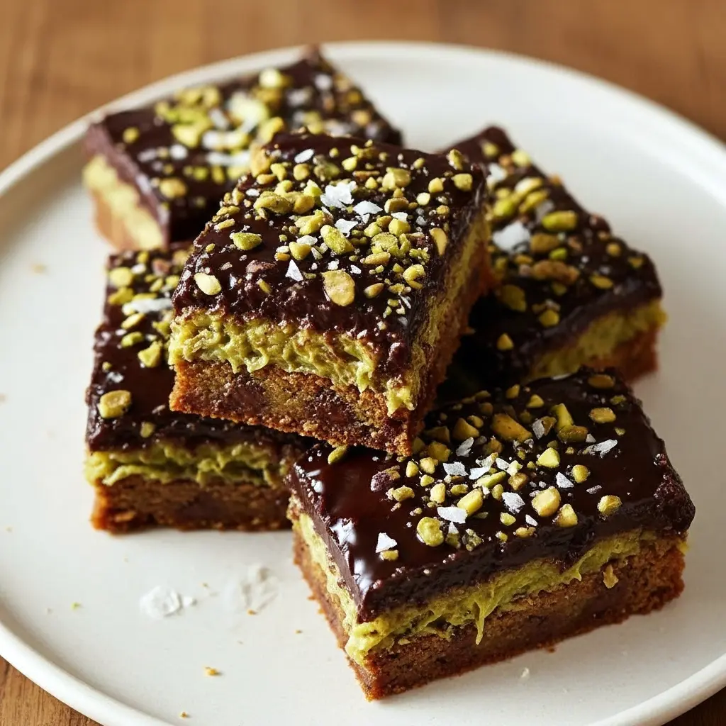 Square pistachio cookie bars with a golden-brown top, studded with melty chocolate chips and sprinkled with chopped pistachios, arranged on parchment paper.
