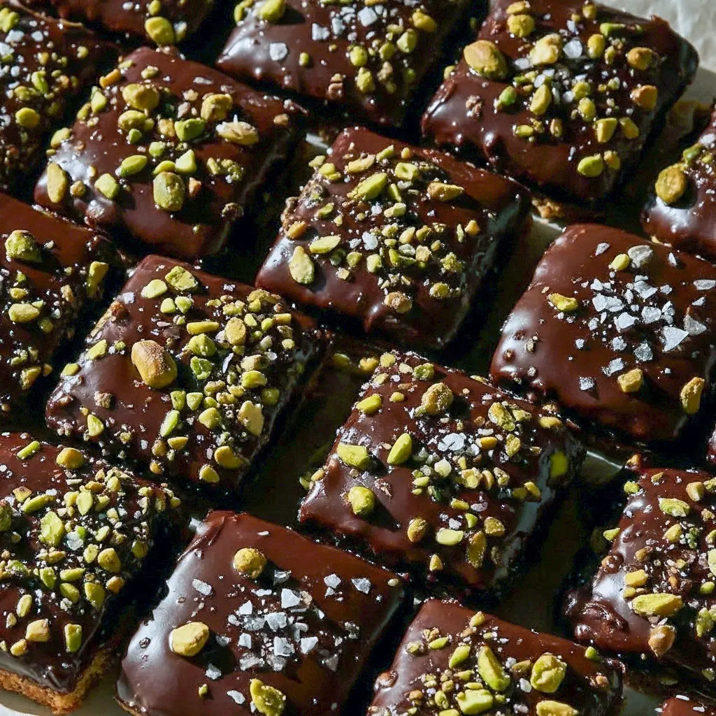Square pistachio cookie bars with a golden-brown top, studded with melty chocolate chips and sprinkled with chopped pistachios, arranged on parchment paper.