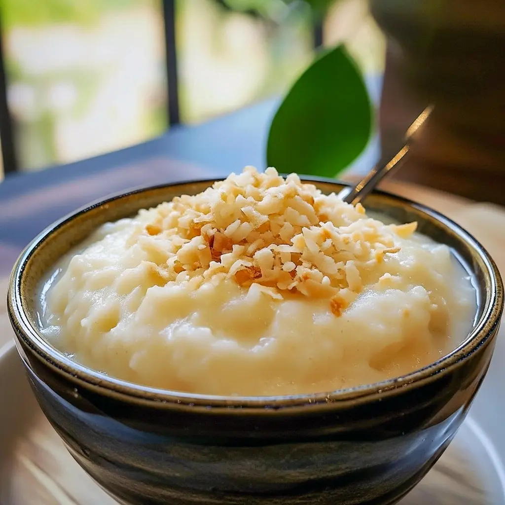 Small glass of silky coconut pudding topped with toasted coconut flakes and a lime twist, served on a rustic plate, Tropical Desserts.