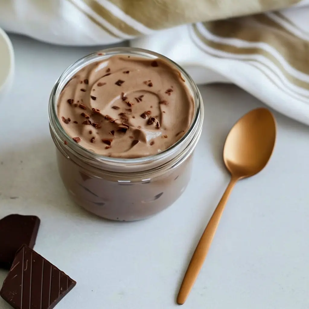 Glass jar of creamy Low Calorie Chocolate Yogurt topped like a Weight Watchers Yogurt Parfait, perfect for a Diy Yogurt Parfait Bar and other Healthy Desserts With Yogurt.