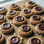 Chocolate-hazelnut thumbprint cookies rolled in chopped hazelnuts with glossy chocolate centers, arranged on a rustic plate.