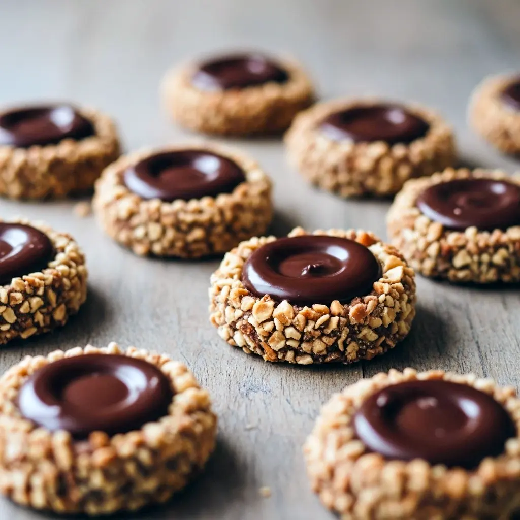 Chocolate-hazelnut thumbprint cookies rolled in chopped hazelnuts with glossy chocolate centers, arranged on a rustic plate, Modern Cookies.