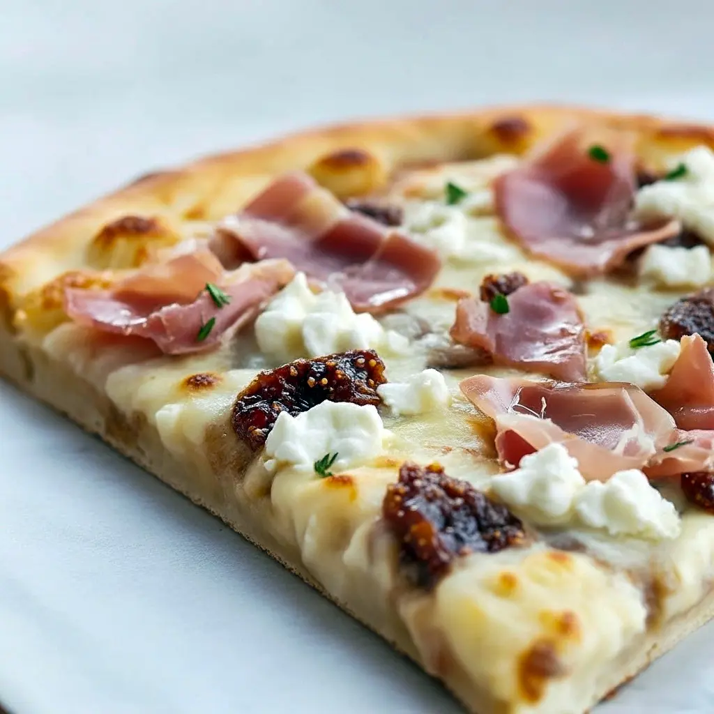 Thin-crust pizza topped with fig preserves, melted mozzarella, torn prosciutto and crumbled goat cheese, sliced on a wooden board.