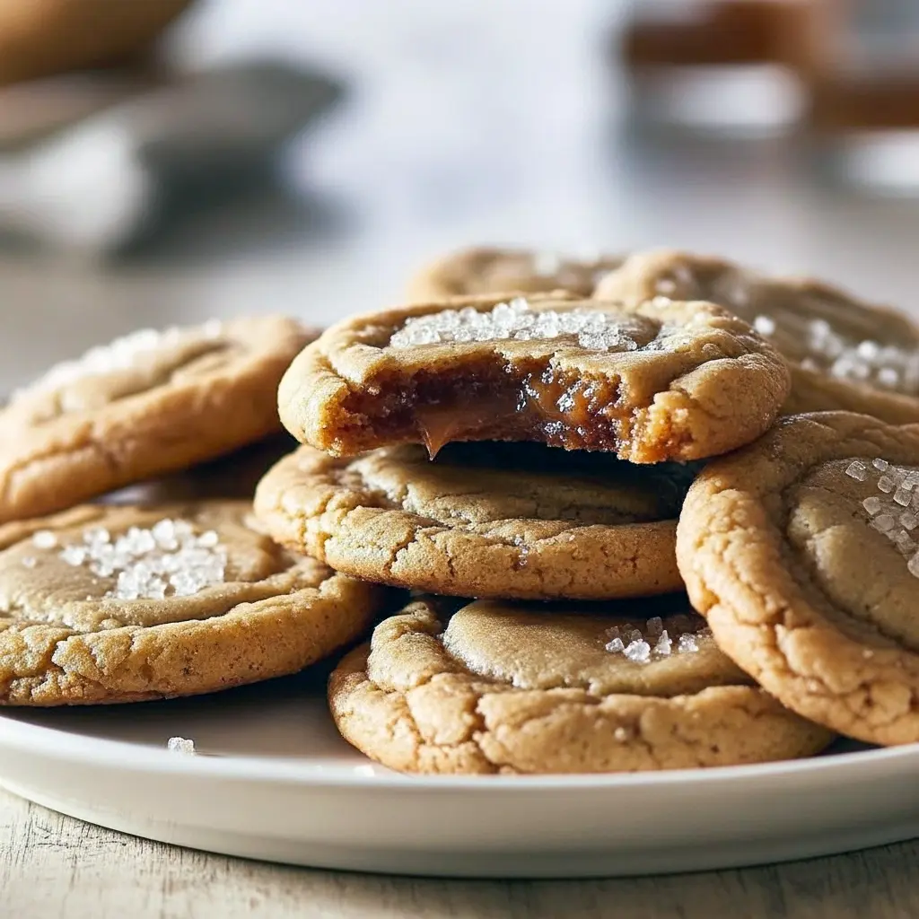 Stack of chewy brown sugar maple cookies on a rustic wooden board, drizzled with maple syrup and sprinkled with sea salt, surrounded by fall leaves and a cozy mug of coffee, Best Maple Cookies.