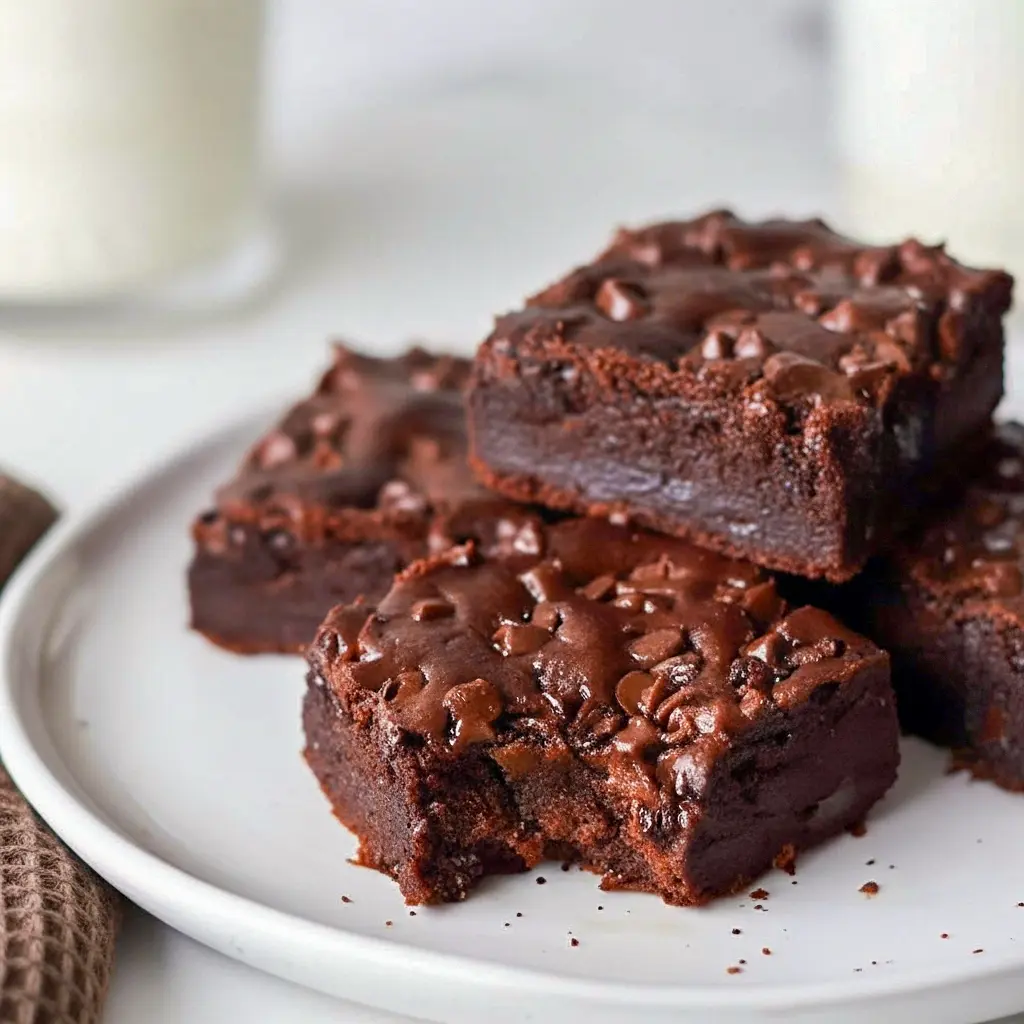 Close-up of fudgy Cheese Brownies with shiny tops and melty chips — a standout on Cottage Cheese Dessert Recipes lists, praised as Cottage Cheese Recipes Healthy and among the best Cottage Cheese Desserts; a creative Cheese Dessert that’s also one of the most Delicious Brownies, perfect for Protein Desserts, featured in Cottage Cheese Recipes and Healthy Sweets Recipes.