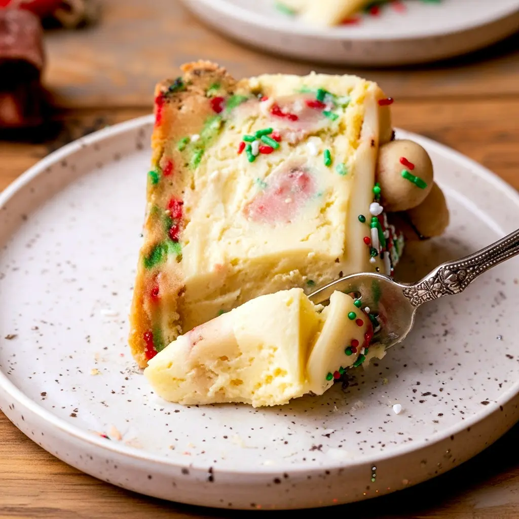 Overhead of a creamy sugar-cookie cheesecake topped with sprinkles and mini cookies on a festive serving board, Cheesecake Recipes For Christmas.