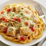Close-up of a golden casserole of Chicken Spaghetti topped with herbs, showing chunks of Tender Chicken Breast, twirled Spaghetti Pasta, and a glossy Cheese Pasta sauce.