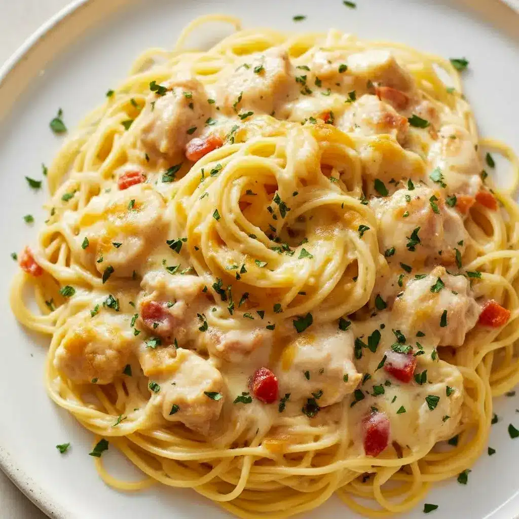 Close-up of a golden casserole of Chicken Spaghetti topped with herbs, showing chunks of Tender Chicken Breast, twirled Spaghetti Pasta, and a glossy Cheese Pasta sauce, Cheesy Chicken Spaghetti.