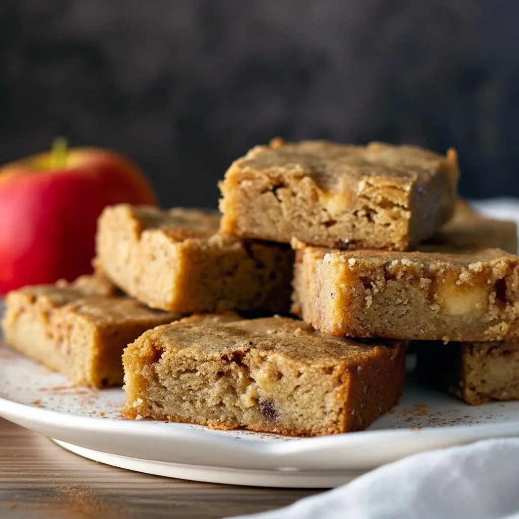 A stack of gooey Cinnamon Apple Blondies with visible apple chunks and cinnamon swirls, resembling Apple Blondie Brownies — a cozy Desserts For Winter treat that’s rich, chewy, and full of Apple Spice flavor.