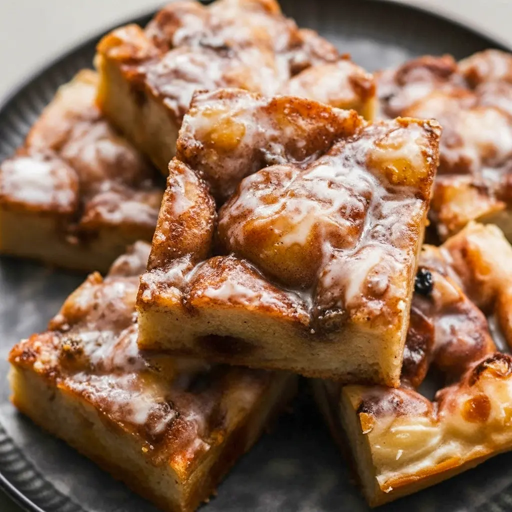 Sliced cinnamon focaccia with golden dimples filled with caramelized brown-butter cinnamon-sugar and a drizzle of vanilla glaze on a rustic wooden board, Munchies Desserts.