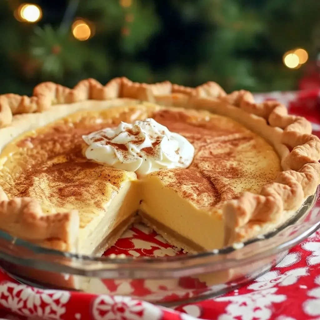 A golden, flaky Vanilla Custard Pie filled with a creamy, spiced cinnamon filling and topped with whipped cream — the ultimate cozy Cinnamon Vanilla Creamy Custard Pie for winter celebrations.