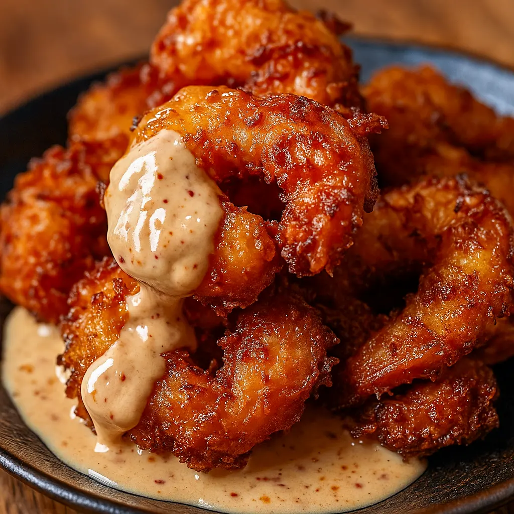 Close-up of golden coconut shrimp arranged on a platter with a ramekin of sweet chili mayonnaise, lime wedges, and a sprinkle of chopped cilantro.