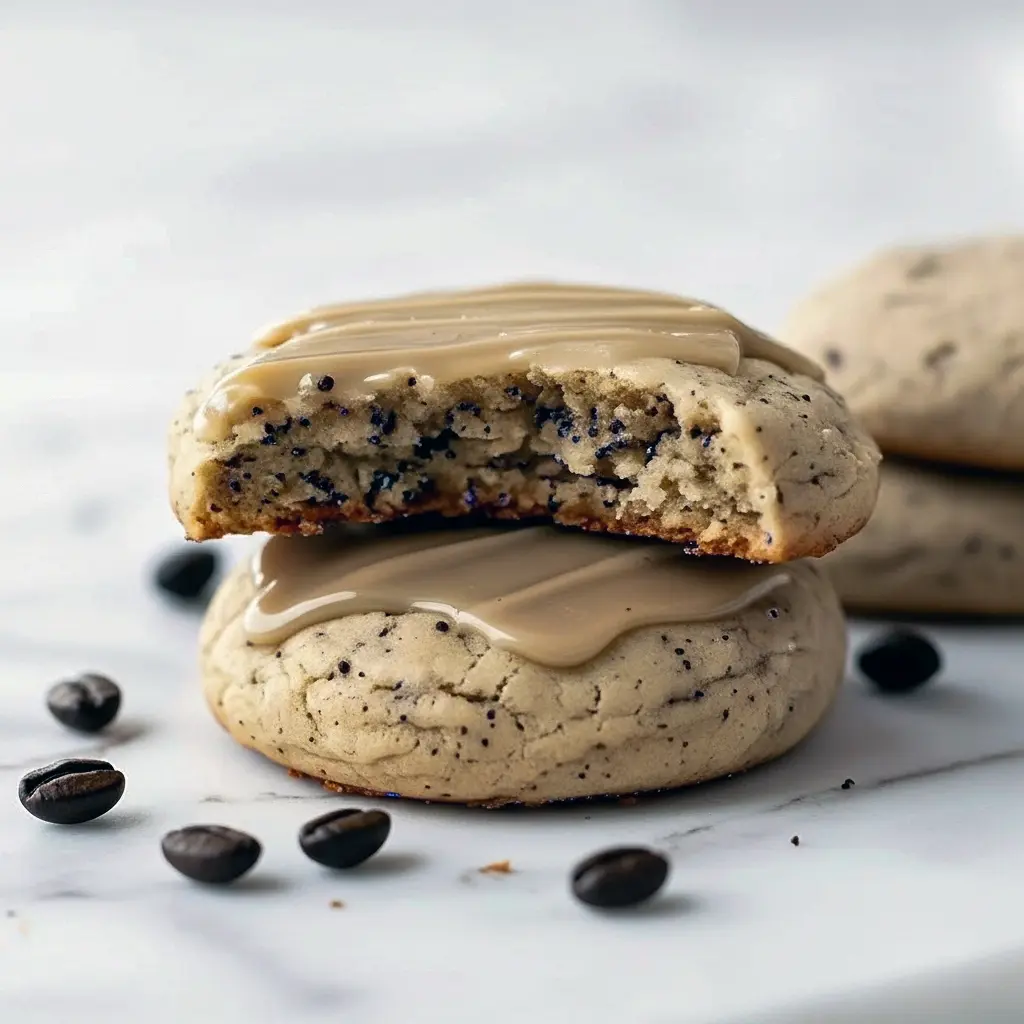Stack of round espresso-glazed sugar cookies on a wooden board, with scattered coffee beans and a drizzle of glaze, Coffee Sugar Cookies.