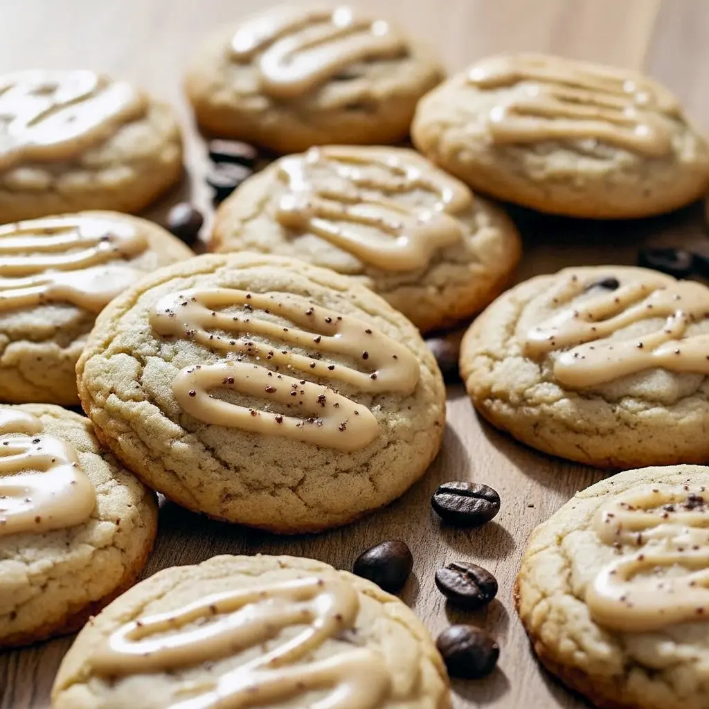 Stack of round espresso-glazed sugar cookies on a wooden board, with scattered coffee beans and a drizzle of glaze.