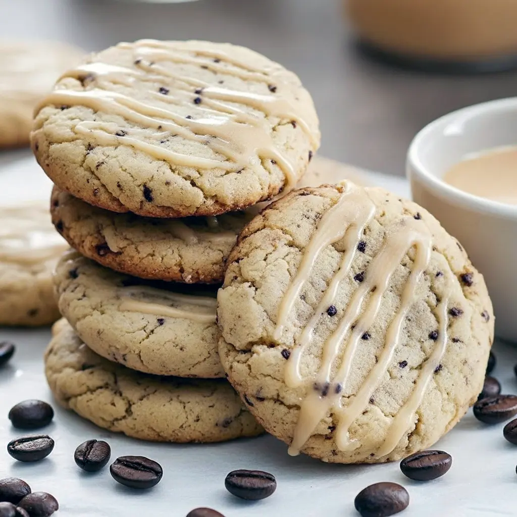 Stack of round espresso-glazed sugar cookies on a wooden board, with scattered coffee beans and a drizzle of glaze.