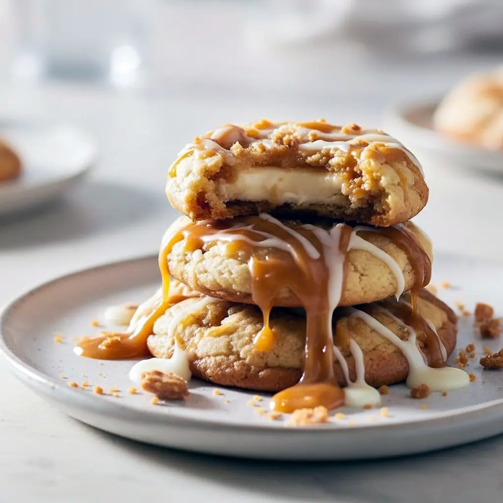 Close-up of a giant salted caramel cheesecake cookie with graham crumbs and caramel drizzle — a drool-worthy Caramel Cookie Recipe that belongs in Call Cookie Recipes roundups and Baked Treats Recipes collections, offering the crunch of Caramel Crunch Cookies, the indulgence of Caramel Baking Recipes and Carmel Cheesecake Cookies, perfect for Cream Cheese Cookie Recipes, your Cookie Flavors Ideas List, and seasonal Fall Gourmet Cookies displays.