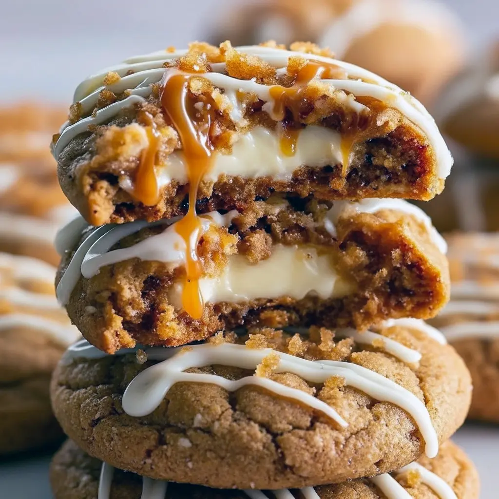 Close-up of a giant salted caramel cheesecake cookie with graham crumbs and caramel drizzle — a drool-worthy Caramel Cookie Recipe that belongs in Call Cookie Recipes roundups and Baked Treats Recipes collections, offering the crunch of Caramel Crunch Cookies, the indulgence of Caramel Baking Recipes and Carmel Cheesecake Cookies, perfect for Cream Cheese Cookie Recipes, your Cookie Flavors Ideas List, and seasonal Fall Gourmet Cookies displays.