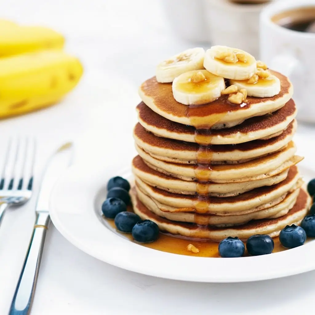 Golden stack of banana cottage cheese pancakes on a white plate, topped with banana slices, fresh berries and a light drizzle of maple syrup, with a fork and linen napkin beside the plate.