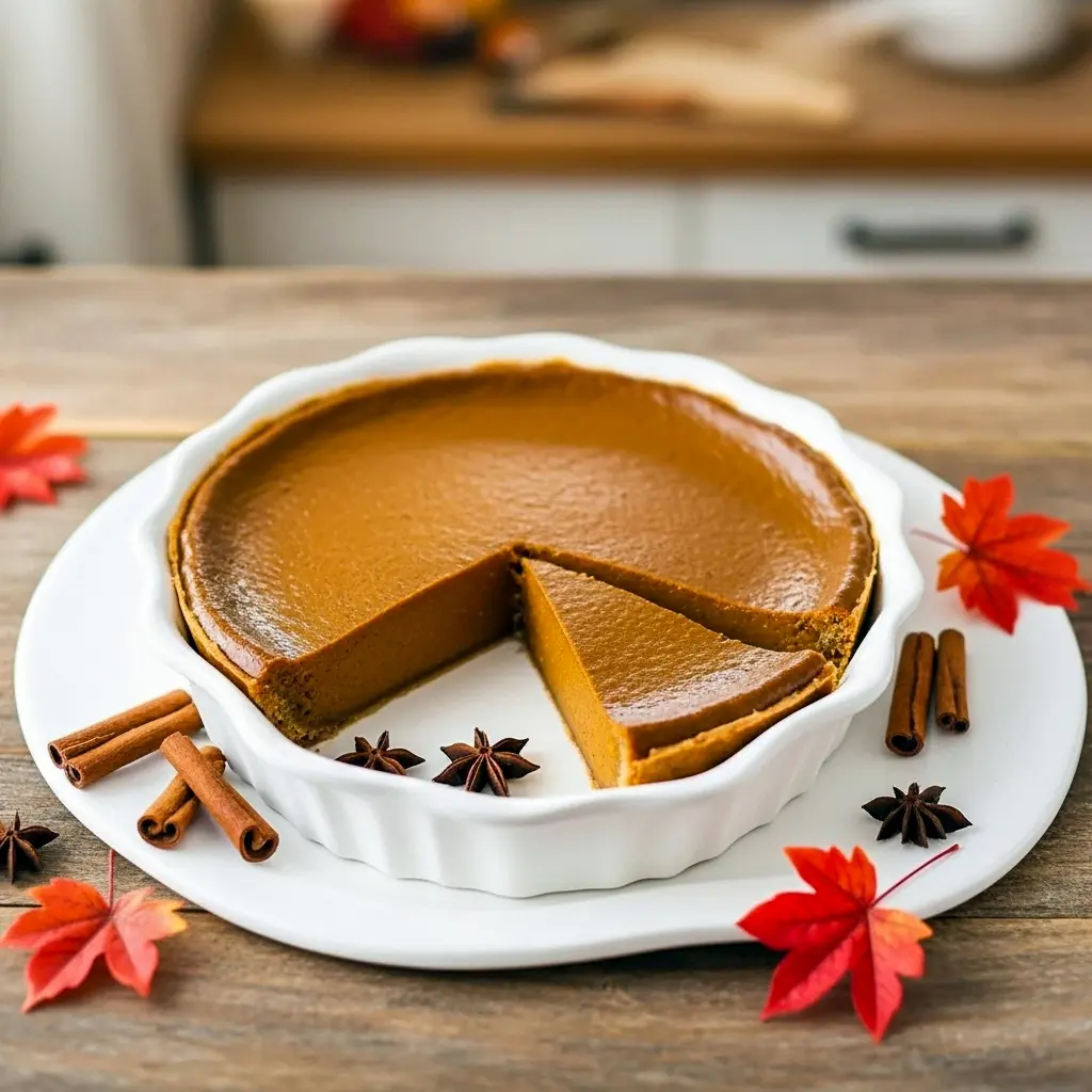 Close-up of a smooth slice of Crust Free Pumpkin Pie on a white plate — a photo for an easy Pumpkin Pie Recipe No Crust and a top Alternatives To Pumpkin Pie idea. The shot highlights a perfectly set Pumpkin Pie Without The Crust (a popular Crust Less Pumpkin Pie) and represents simple No Crust Pumpkin Pie Recipes, showing a beautiful Pumpkin Pie Without Crust that proves Pumpkin Pie No Crust can be elegant — truly a Simple Pumpkin Pie Recipe for fall.