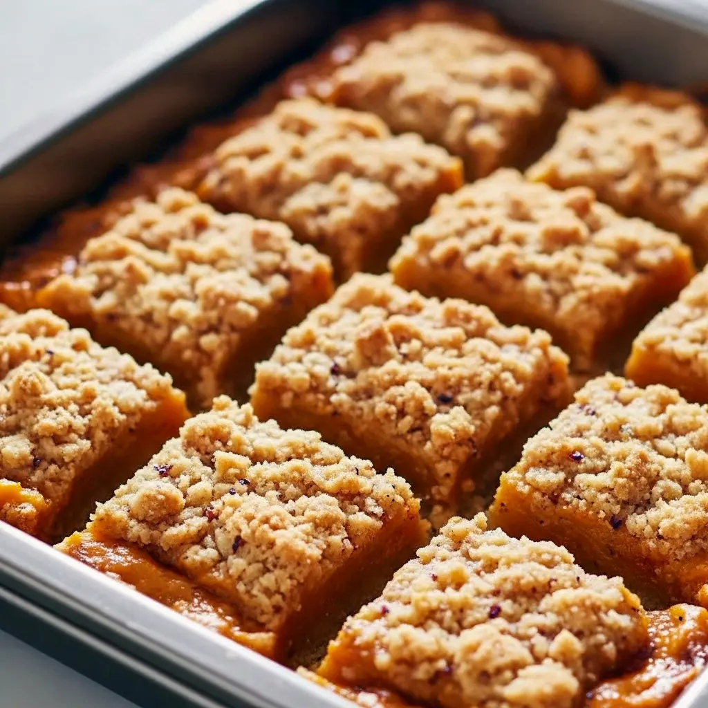 Square of pumpkin pie crumble with golden streusel and a scoop of melting vanilla ice cream — a picture of Easy Pumpkin Pie that can be adapted for Weight Watcher Desserts, dressed up for Dessert Halloween, inspired by Essen Germany pastries, tweaked into a Low Carb Dessert, served as a classic Pie Crumble or cut into Crumble Bars, and listed among favorite Pumpkin Recipes Dessert for Fall Desserts Easy.