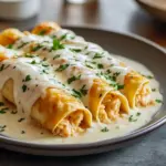 Baked chicken enchiladas smothered in creamy white sauce and melted cheese, garnished with cilantro and lime wedges.