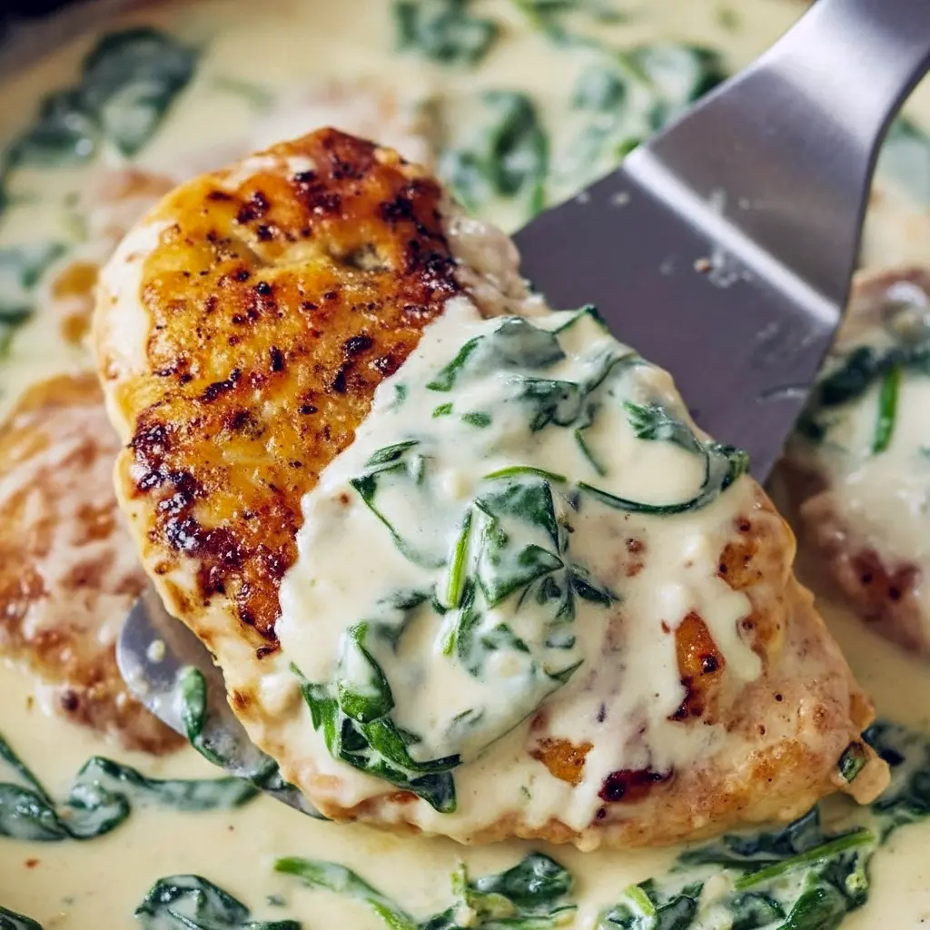 A skillet of creamy Chicken Florentine with tender chicken breasts, wilted spinach, and a rich garlic cream sauce — an elegant Chicken Florentine Recipe perfect for Simple Chicken And Spinach Recipes and cozy Chicken Entrees.