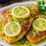 Golden, crispy Lemon Butter Chicken Romano topped with fresh lemon zest and garlic butter sauce, served on a white plate with herbs—an elegant take on Creative Chicken Dishes and perfect Chicken Recipes For 4 People.