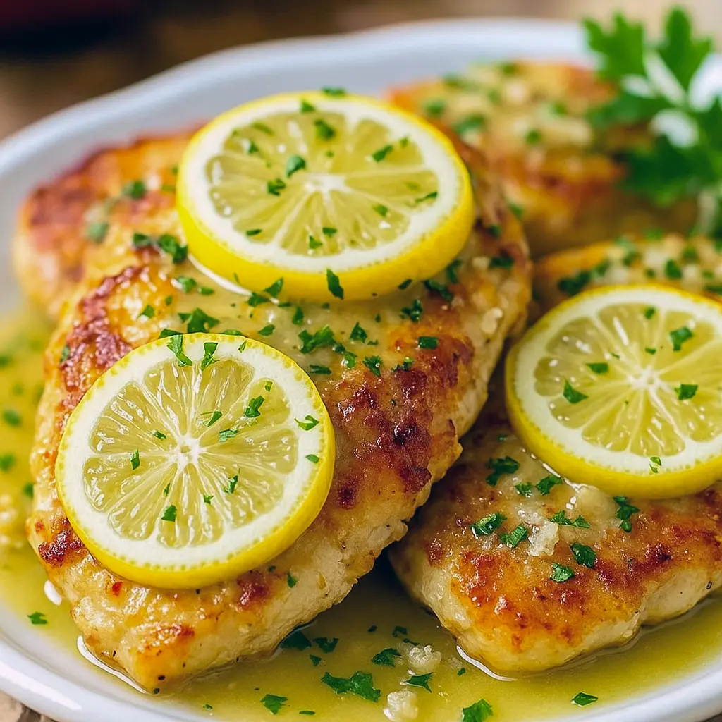 Golden, crispy Lemon Butter Chicken Romano topped with fresh lemon zest and garlic butter sauce, served on a white plate with herbs—an elegant take on Creative Chicken Dishes and perfect Chicken Recipes For 4 People.
