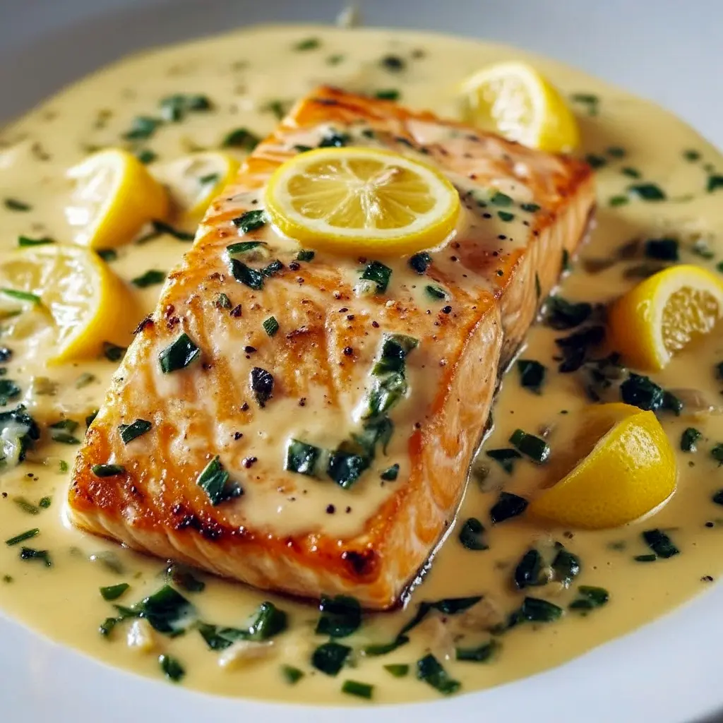 Close-up of Creamy Lemon Garlic Salmon Piccata — golden pan-seared salmon fillets coated in a rich Salmon With Lemon Caper Cream Sauce, garnished with lemon slices, parsley, and capers, served over creamy Lemon Caper Salmon Pasta for the perfect elegant Salmon Piccata Recipe dinner.