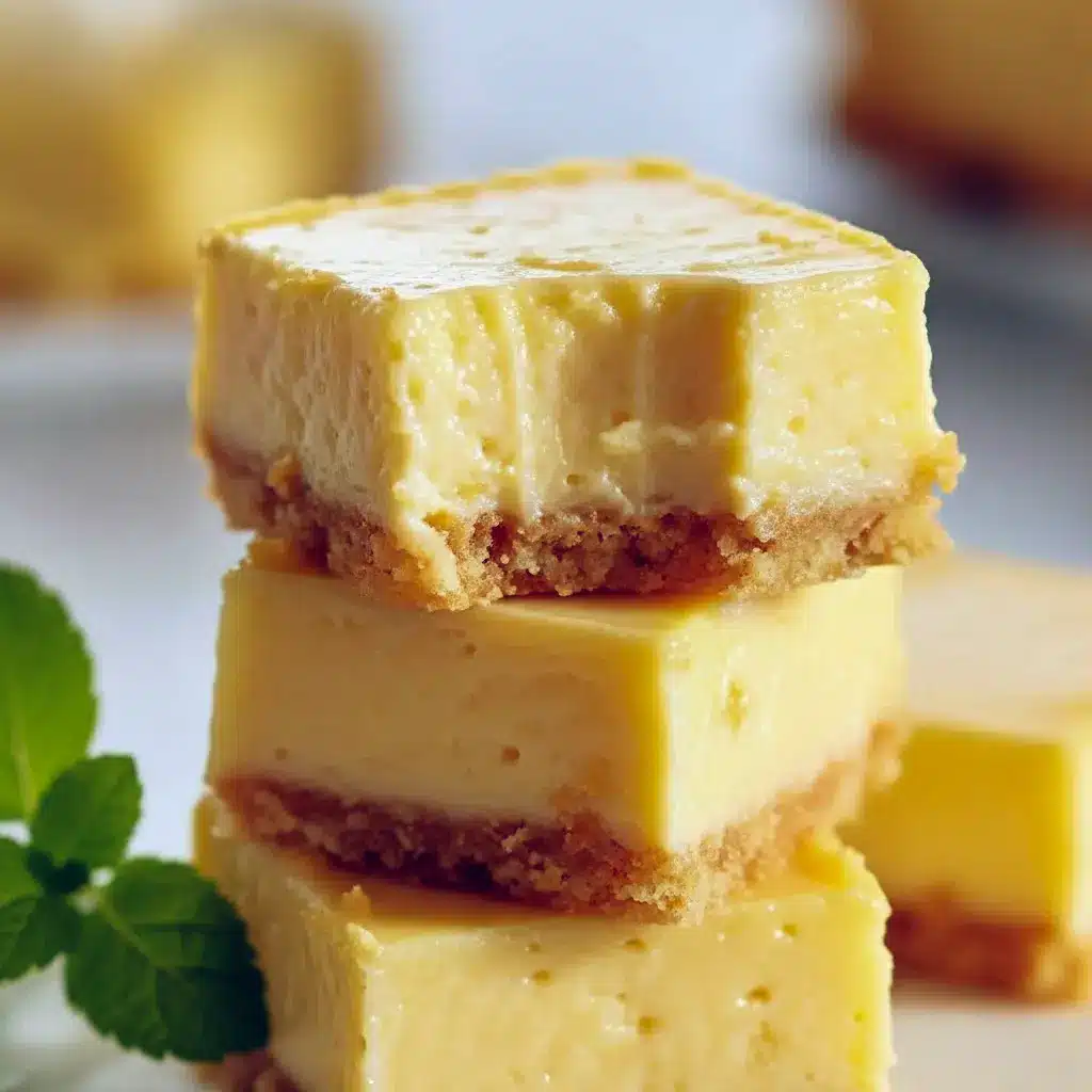 Close-up of creamy Lemon Squares with golden graham cracker crust and smooth lemon filling, dusted lightly for a bright, tangy Sweet Bar dessert.