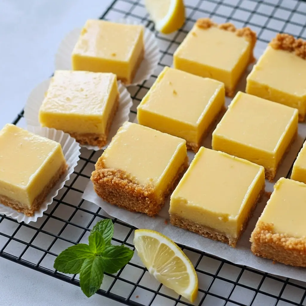 Close-up of creamy Lemon Squares with golden graham cracker crust and smooth lemon filling, dusted lightly for a bright, tangy Sweet Bar dessert.