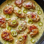 Skillet of creamy pepperoncini chicken with roasted red peppers and parmesan, served over rice and garnished with chopped parsley.