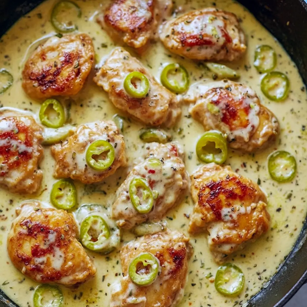 Skillet of creamy pepperoncini chicken with roasted red peppers and parmesan, served over rice and garnished with chopped parsley.