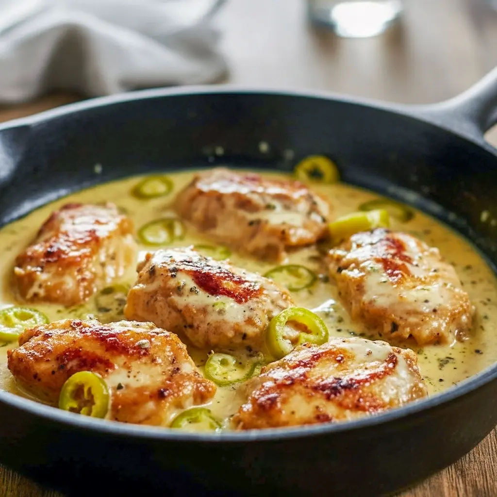Skillet of creamy pepperoncini chicken with roasted red peppers and parmesan, served over rice and garnished with chopped parsley.