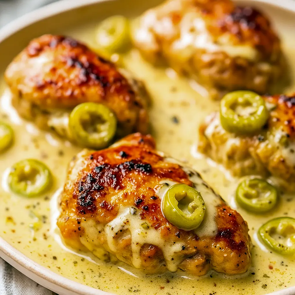 Skillet of creamy pepperoncini chicken with roasted red peppers and parmesan, served over rice and garnished with chopped parsley.