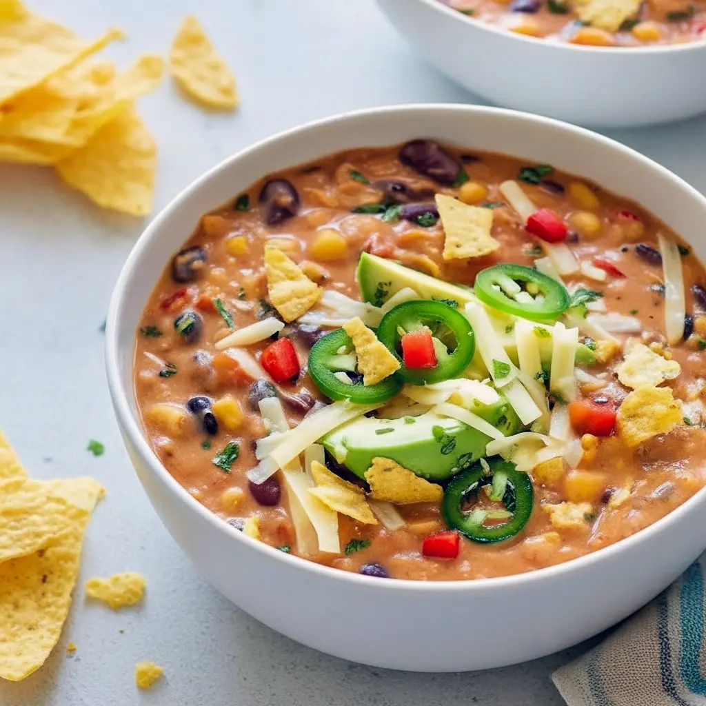 A bowl of Lentil Tortilla Soup topped with crispy tortilla strips, fresh avocado, cilantro, and melted cheese — the ultimate Best Vegetarian Soup for cold nights, creamy, hearty, and full of Tex-Mex flavor.