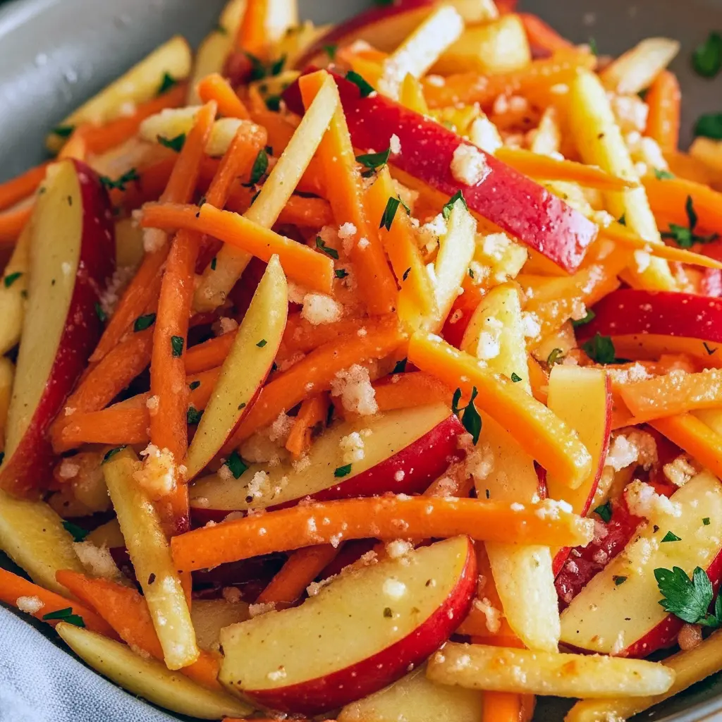 Bowl of crunchy carrot apple salad with shredded carrots, thin apple slices, parsley, and toasted nuts — bright fall side dish.