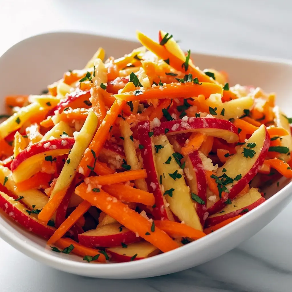 Bowl of crunchy carrot apple salad with shredded carrots, thin apple slices, parsley, and toasted nuts — bright fall side dish.
